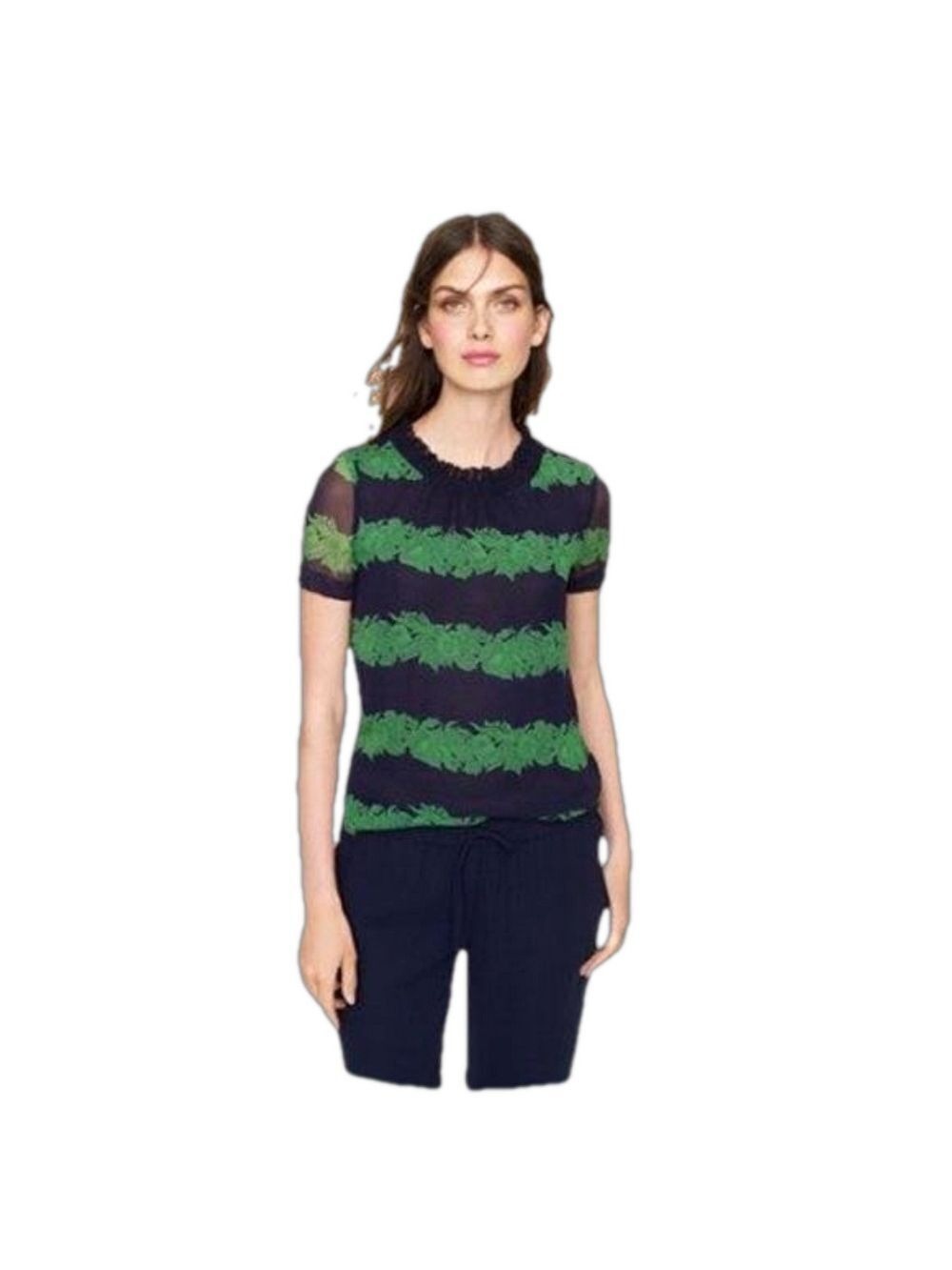 J. CREW Silk Ruffle Sheer Floral Blue/Green Beanstalk Stripe Print Blouse Size 0